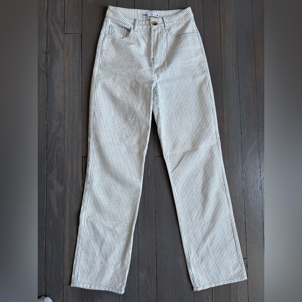 Zara Blue and White Striped Straight Leg Pants